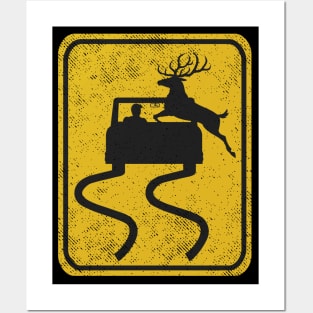 Swerving Car Meets Deer Crossing Vintage Road Sign Posters and Art